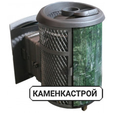 Печь банная Атмосфера в комбинированной облицовки из сетки и ламелей змеевика