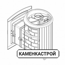 Печь банная Атмосфера в комбинированной облицовки из сетки и ламелей змеевика